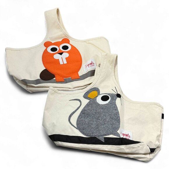 3 Sprouts Organic Cotton Canvas Bags Lot 2 Beaver and Mouse w liners - Picture 1 of 14